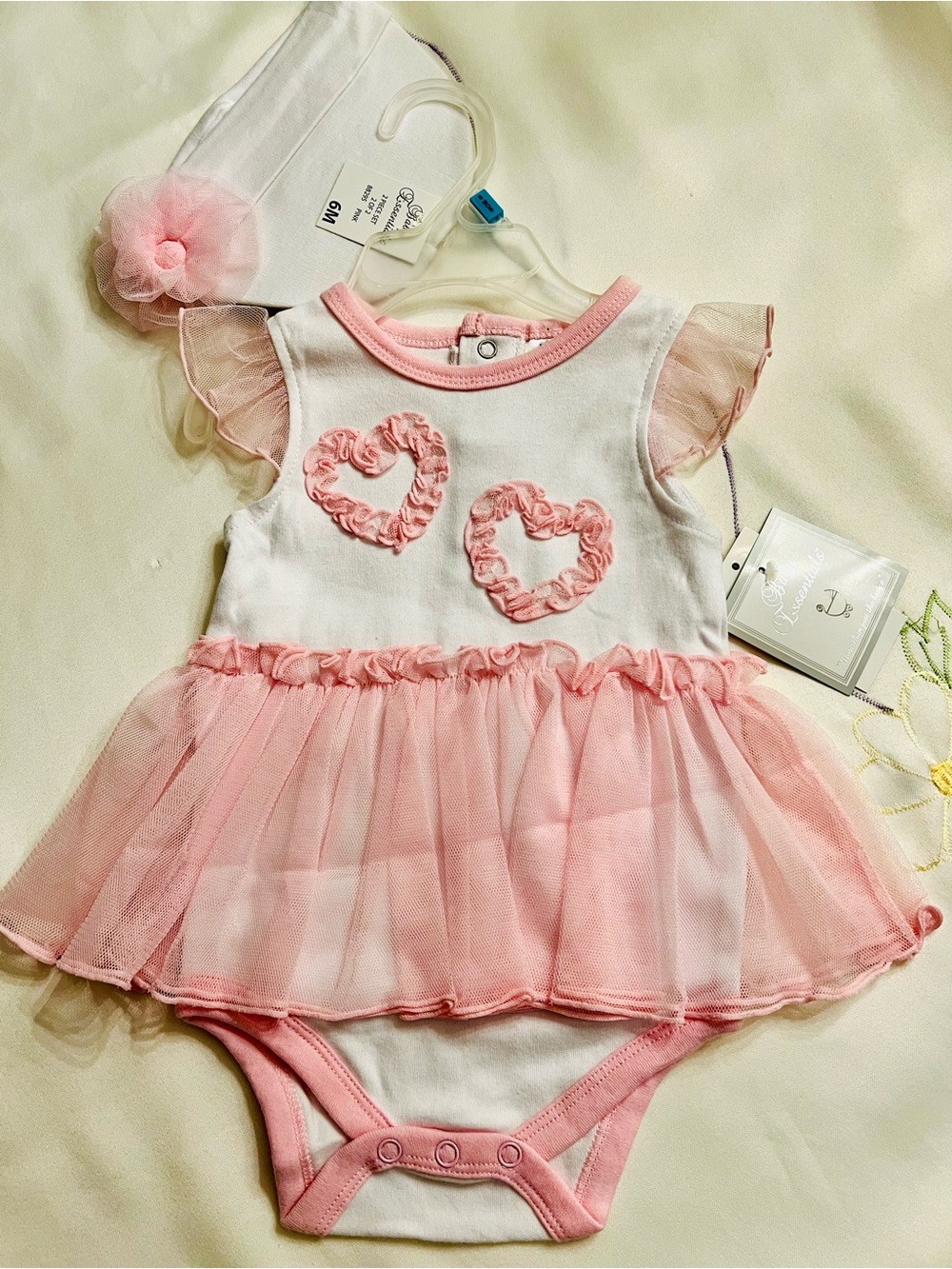Pink & White Heart Tulle Baby Dress Bodysuit with hat